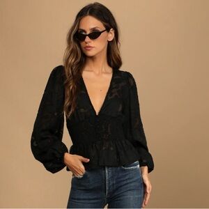 LULUS | NWT PATIO DATE BLACK FLORAL JACQUARD BUTTON-UP LONG SLEEVE TOP LARGE